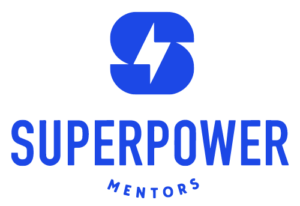 SUPERPOWER MENTORS logo in blue under a blue capitol S with a white lighting bolt inside